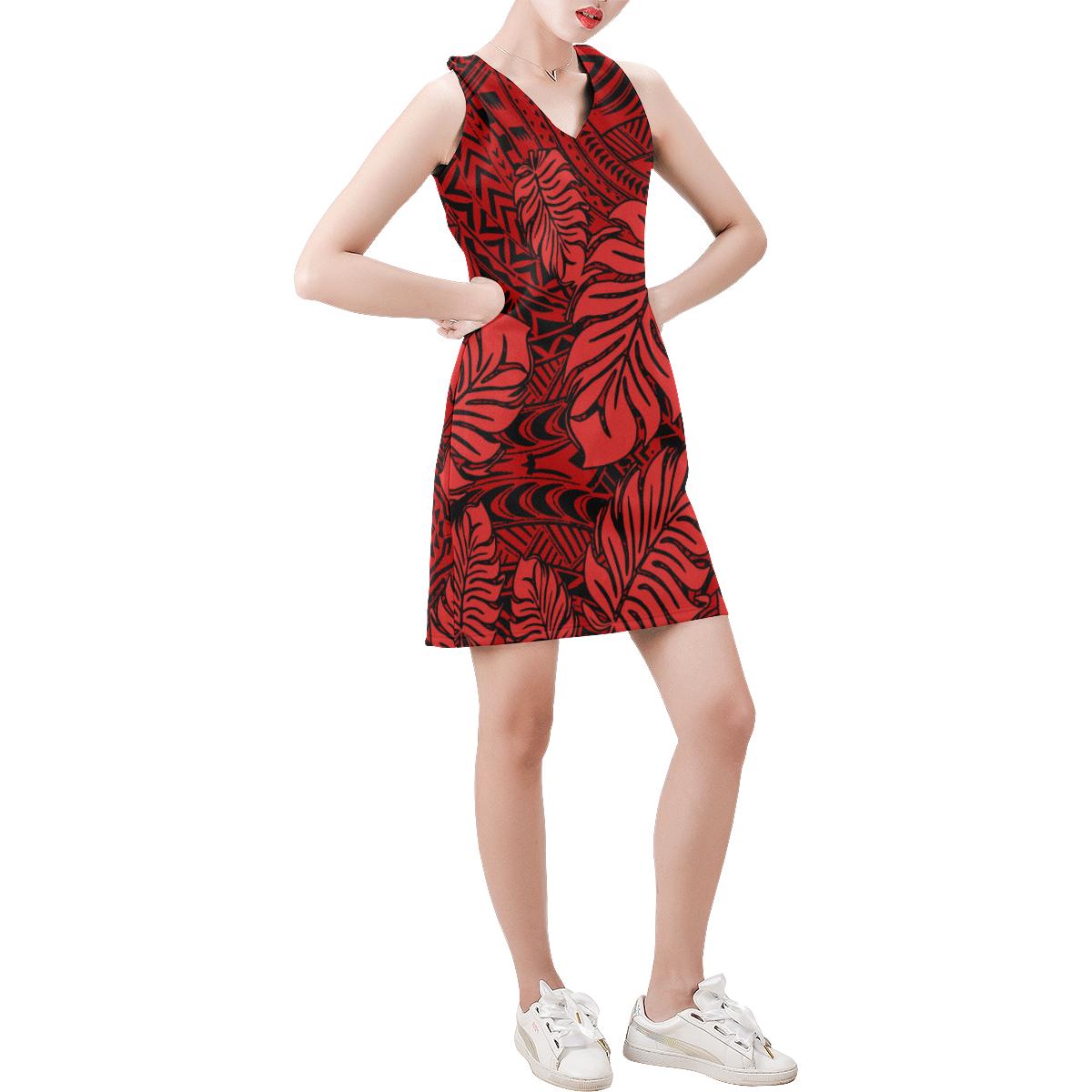 Polynesian Sleeveless V Neck Dress - Palm Leaf Red Women Red - Polynesian Pride