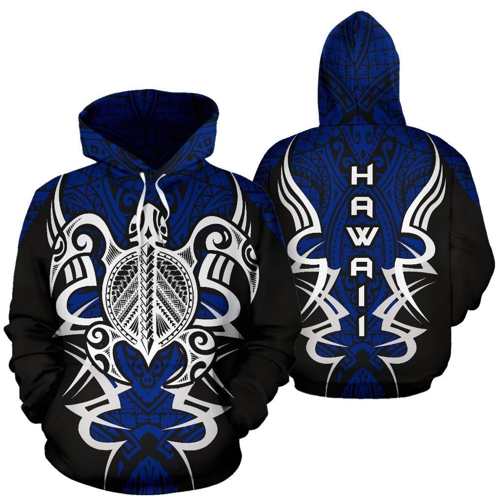 Hawaii Turtle Tribal Blue Hoodie Armor Style Unisex White - Polynesian Pride