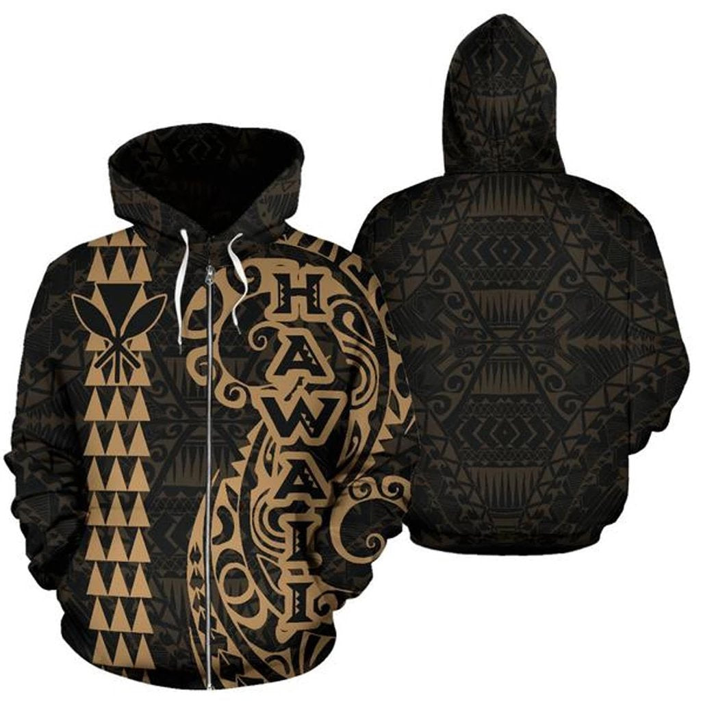 Hawaii Tattoo Zip up Hoodie Gold Unisex Gold - Polynesian Pride
