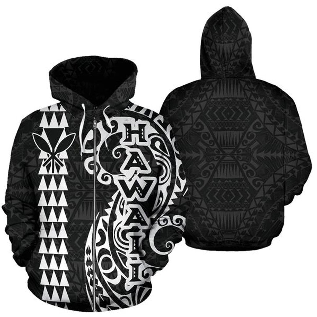 Hawaii Tattoo Zip up Hoodie White Unisex White - Polynesian Pride