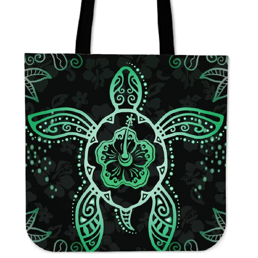 Turtle Hibiscus Green Tote Bag Tote Bag One Size Black - Polynesian Pride