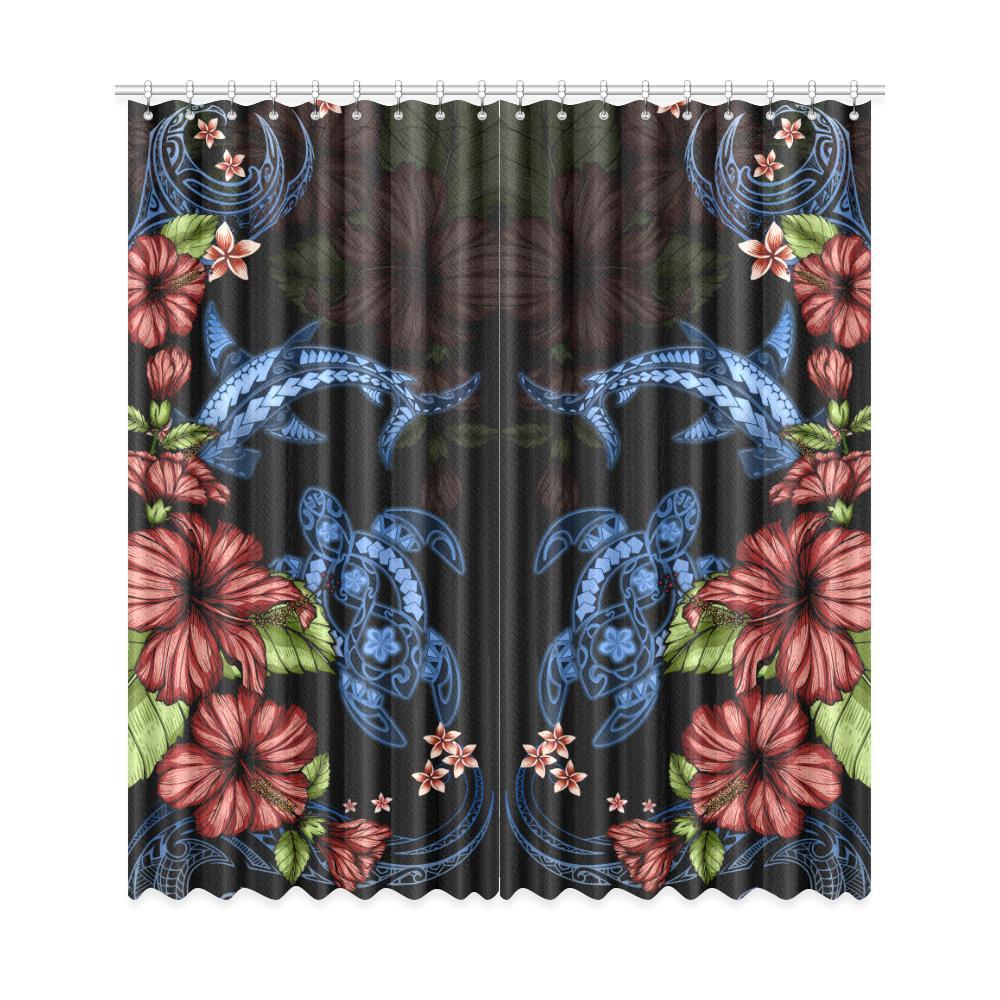 Turtle And Shark With Hibiscus Window Curtain ( Two Piece) One Size 50"x108"(Two Piece) Black - Polynesian Pride