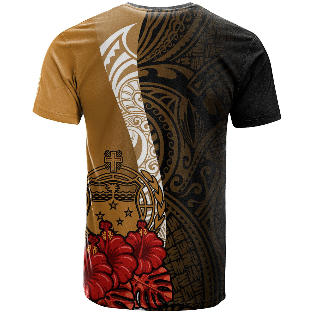 Samoa Polynesian Custom T Shirt Coat Of Arms With Hibiscus Gold - Polynesian Pride