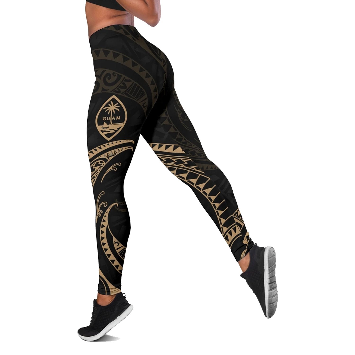 Guam Polynesian Women's Legging - Gold Tribal Wave Black - Polynesian Pride