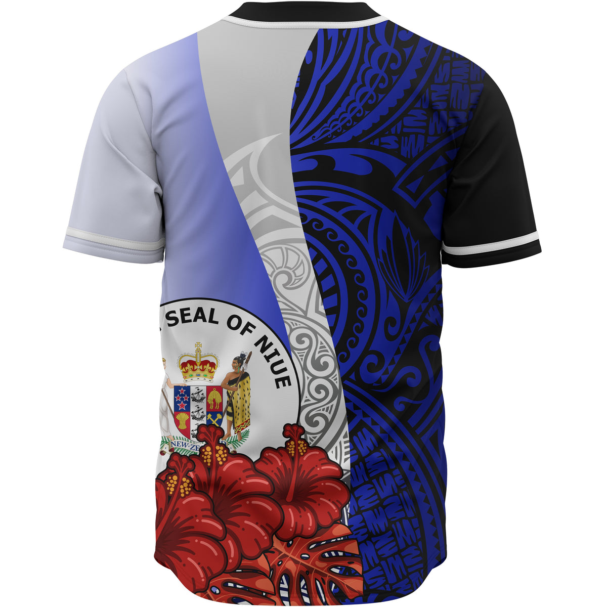 Niue Polynesian Custom Personalised Baseball Shirt - Coat Of Arm With Hibiscus Blue - Polynesian Pride