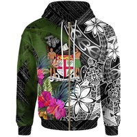 Fiji Zip up Hoodie Turtle Plumeria Banana Leaf Crest Unisex Black - Polynesian Pride