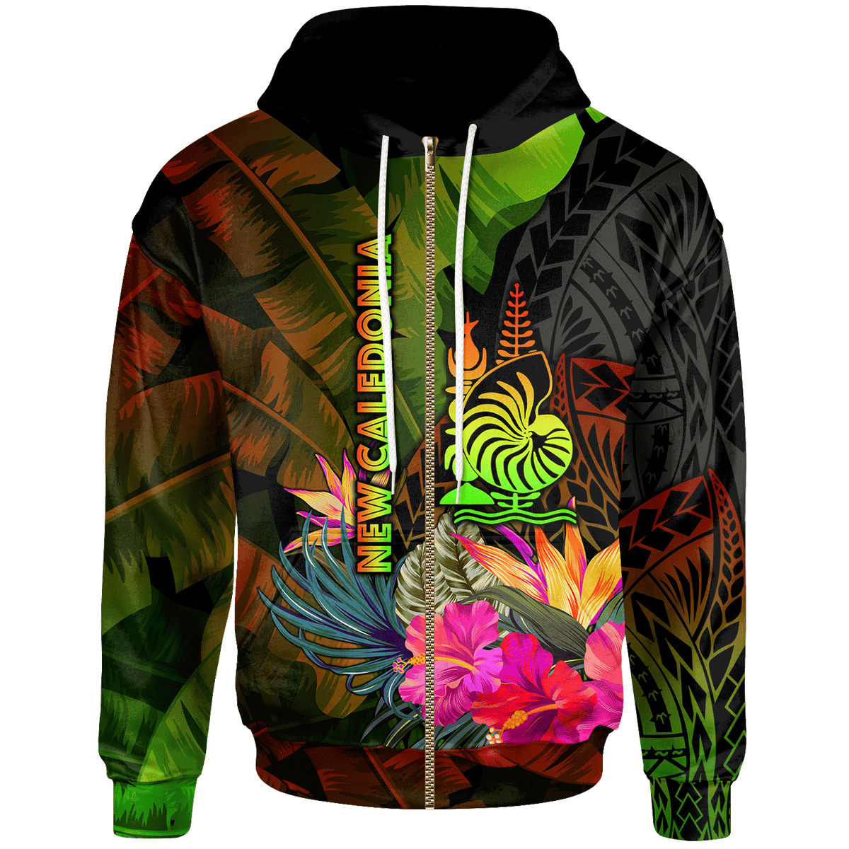 New Caledonia Polynesian Zip up Hoodie Hibiscus and Banana Leaves Unisex Reggae - Polynesian Pride