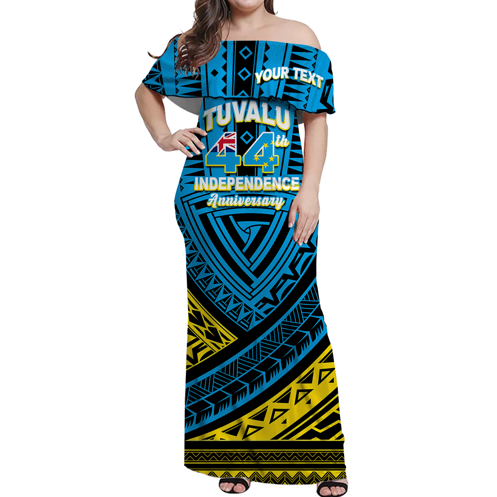 (Custom Personalised) Tuvalu Off Shoulder Long Dress 44th Independence Anniversary - Tribal Pattern - LT12 Long Dress Blue - Polynesian Pride