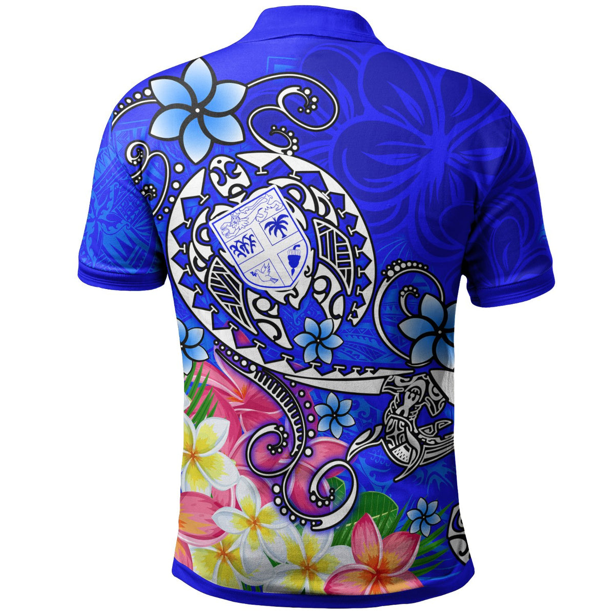 Fiji Polo Shirt Turtle Plumeria (Blue) - Polynesian Pride
