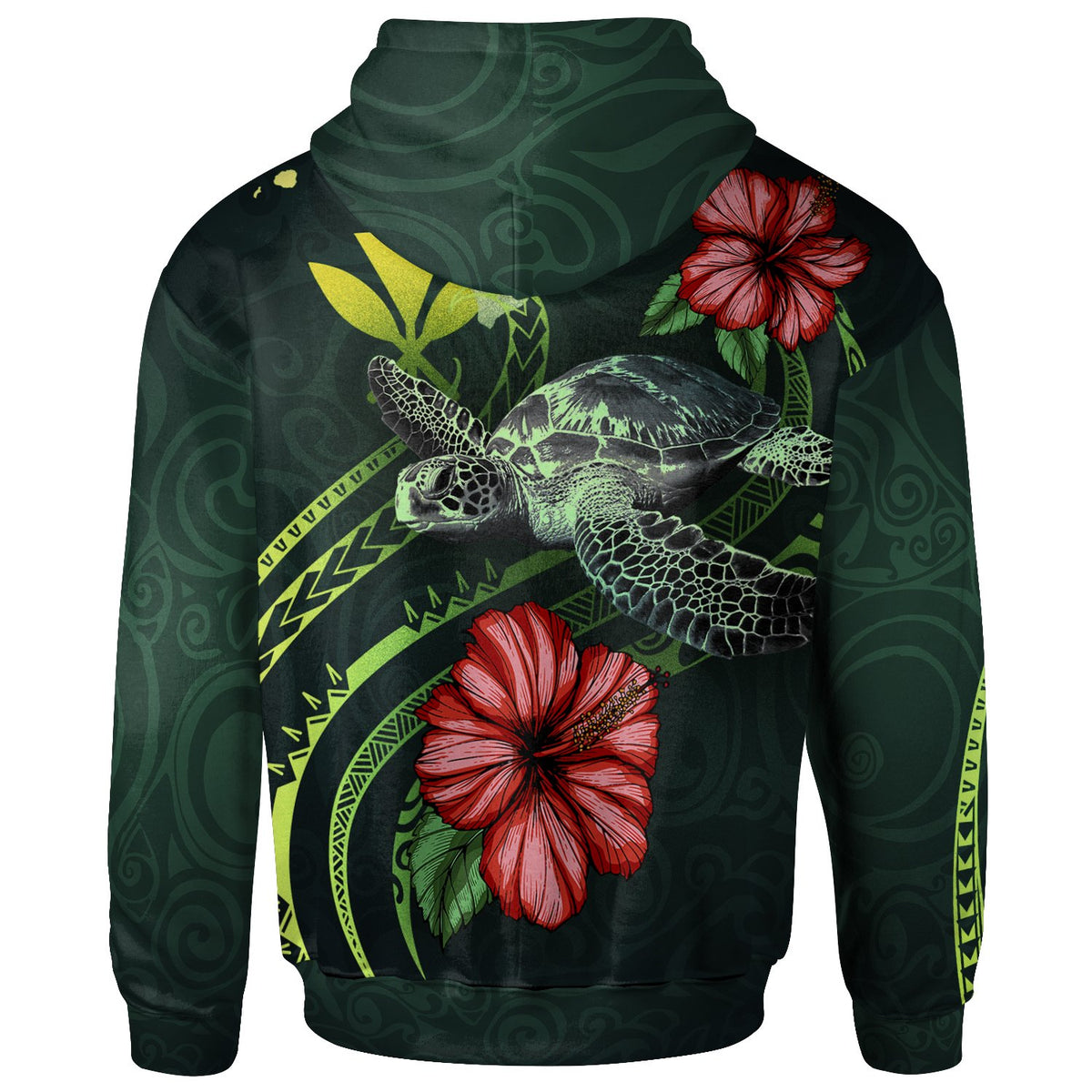 Hawaii Polynesian Zip up Hoodie Green Turtle Hibiscus - Polynesian Pride
