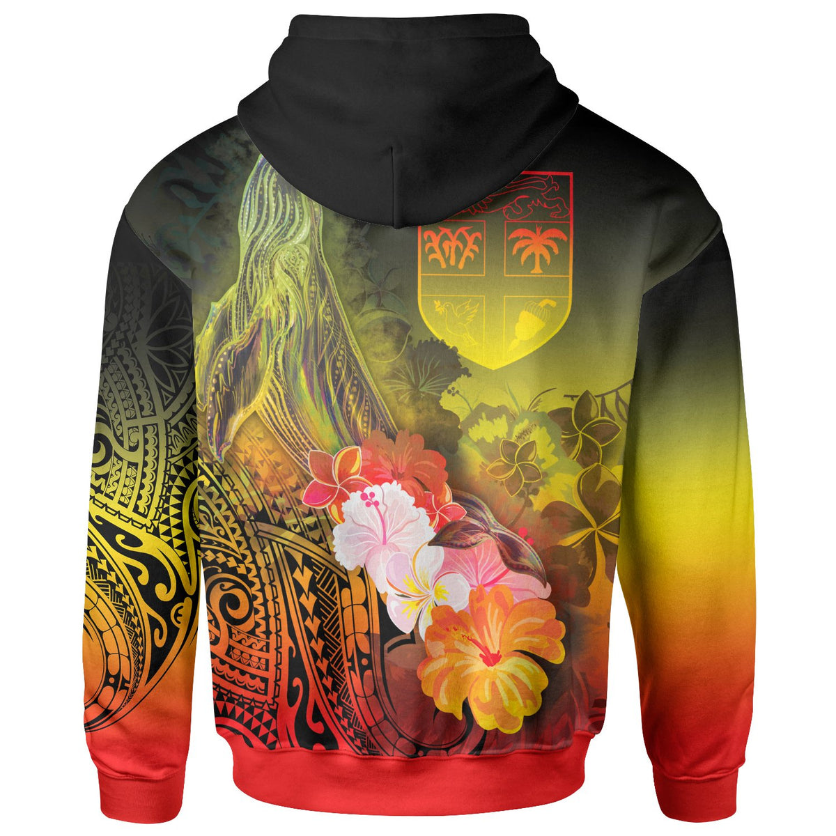 Fiji Zip up Hoodie Humpback Whale with Tropical Flowers (Yellow) - Polynesian Pride