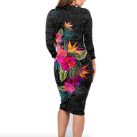 Northern Mariana Islands Hibiscus Polynesian Tribal Long Sleeves Dress - LT12 - Polynesian Pride