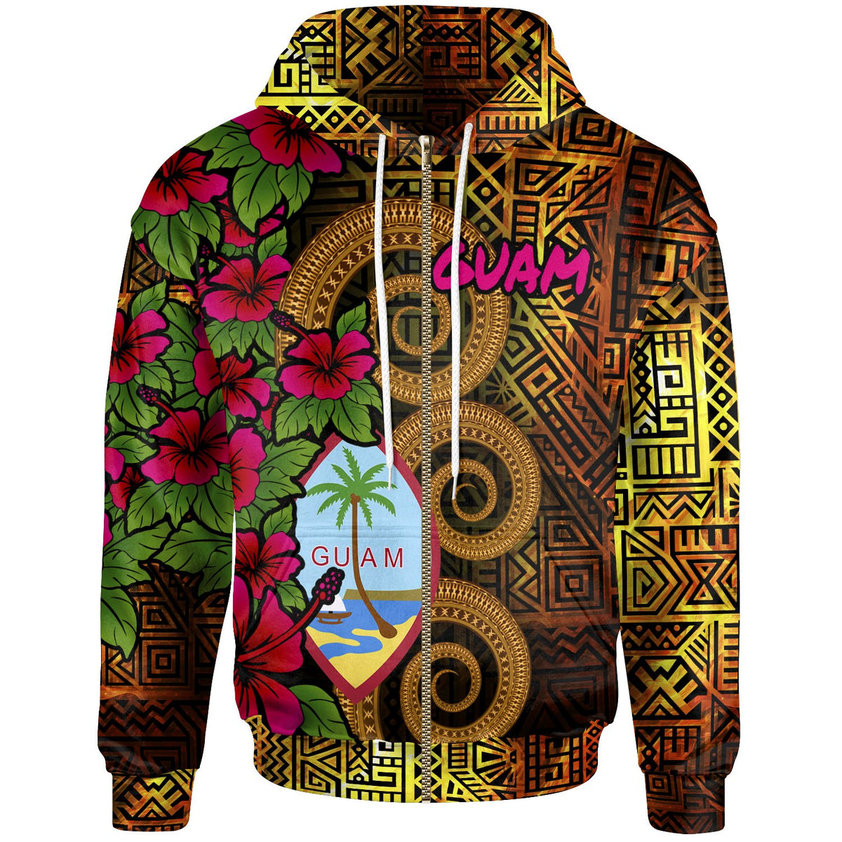 Guam Polynesian Zip up Hoodie Hibiscus Vintage - Polynesian Pride