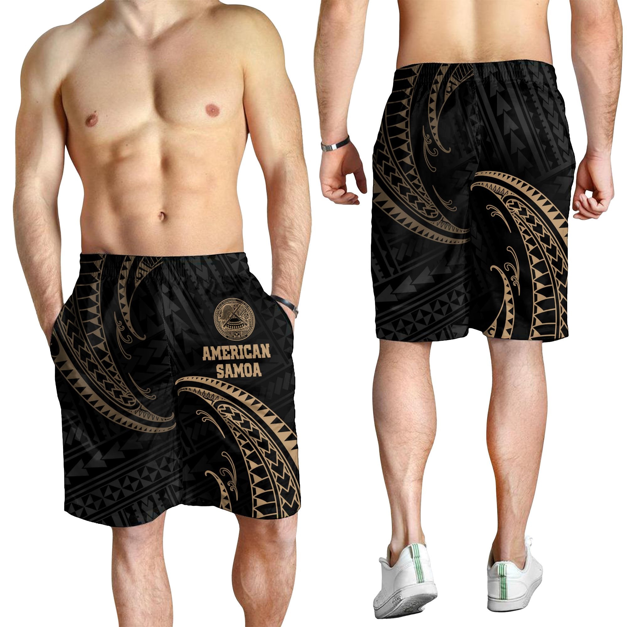 American Samoa Polynesian Men's Short - Gold Tribal Wave - Polynesian Pride