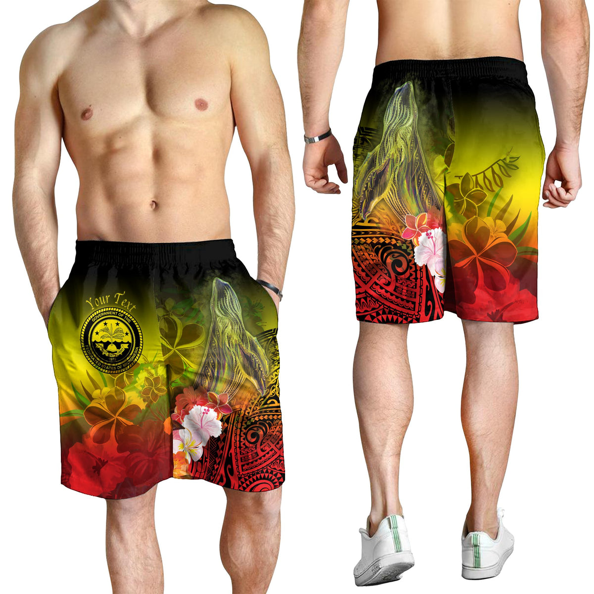 Federated States of Micronesia Custom Personalised Men's Shorts - Humpback Whale with Tropical Flowers (Yellow) - Polynesian Pride