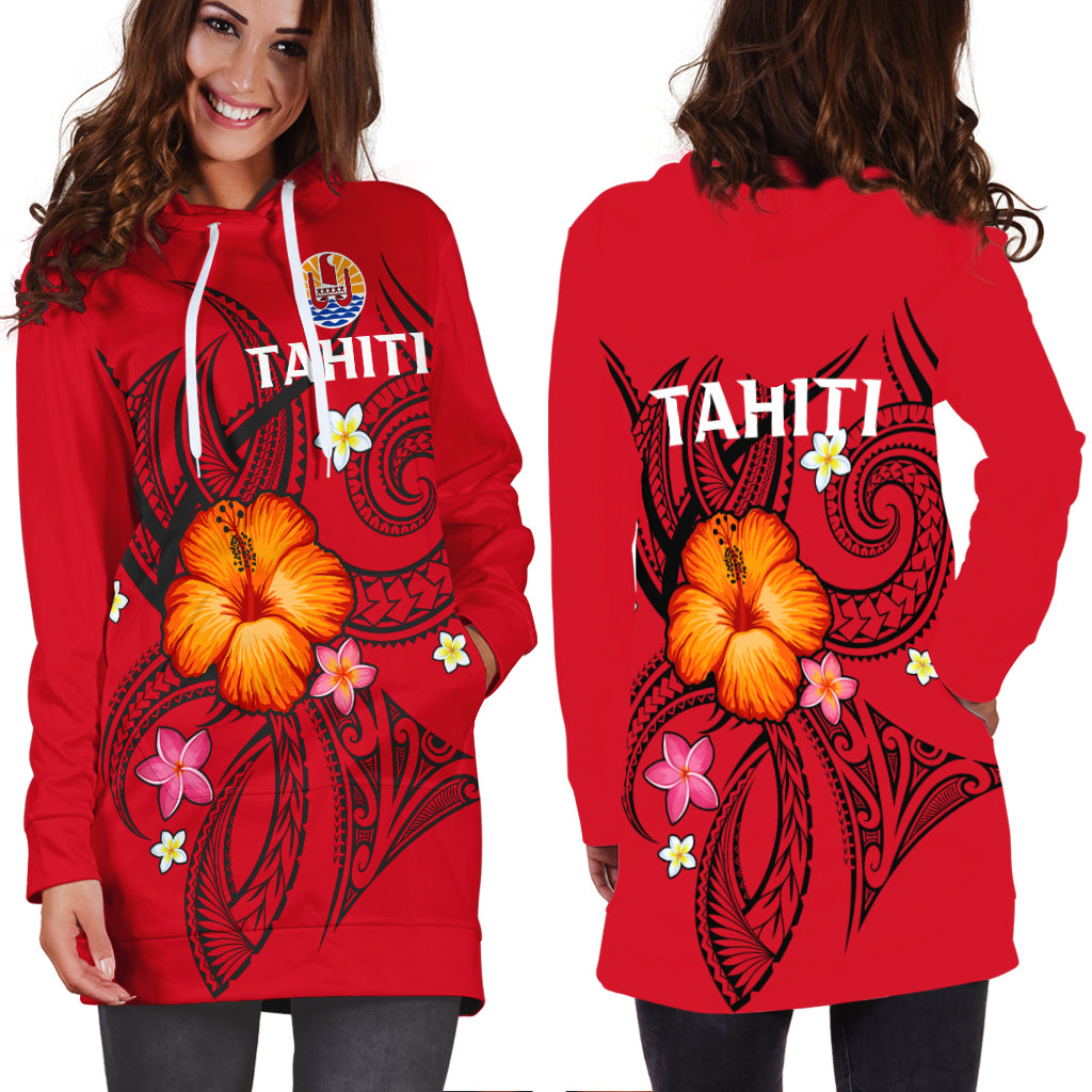 French Polynesia Hoodie Dress - Hibiscus With Tribal - LT12 - Polynesian Pride