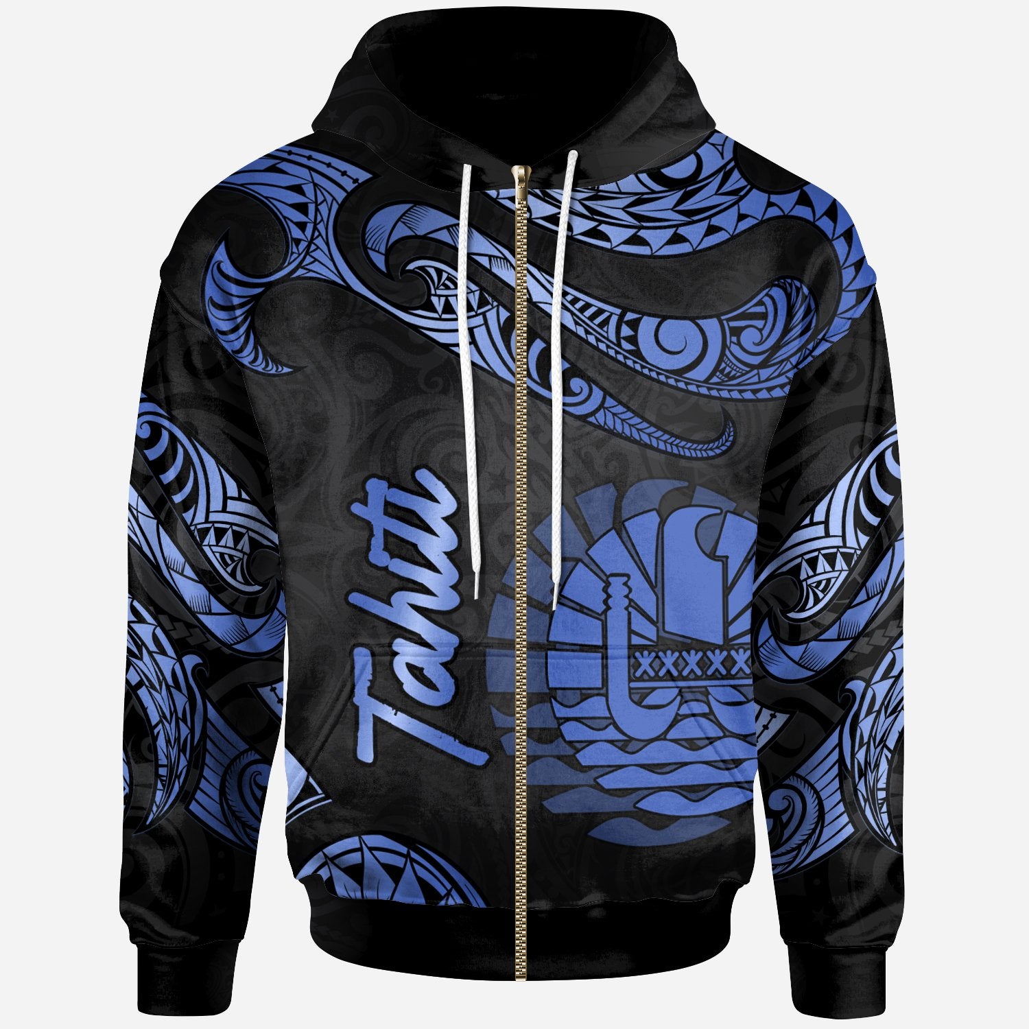 Tahiti Polynesian Zip Hoodie Polynesian Tattoo Blue Version Unisex Blue - Polynesian Pride