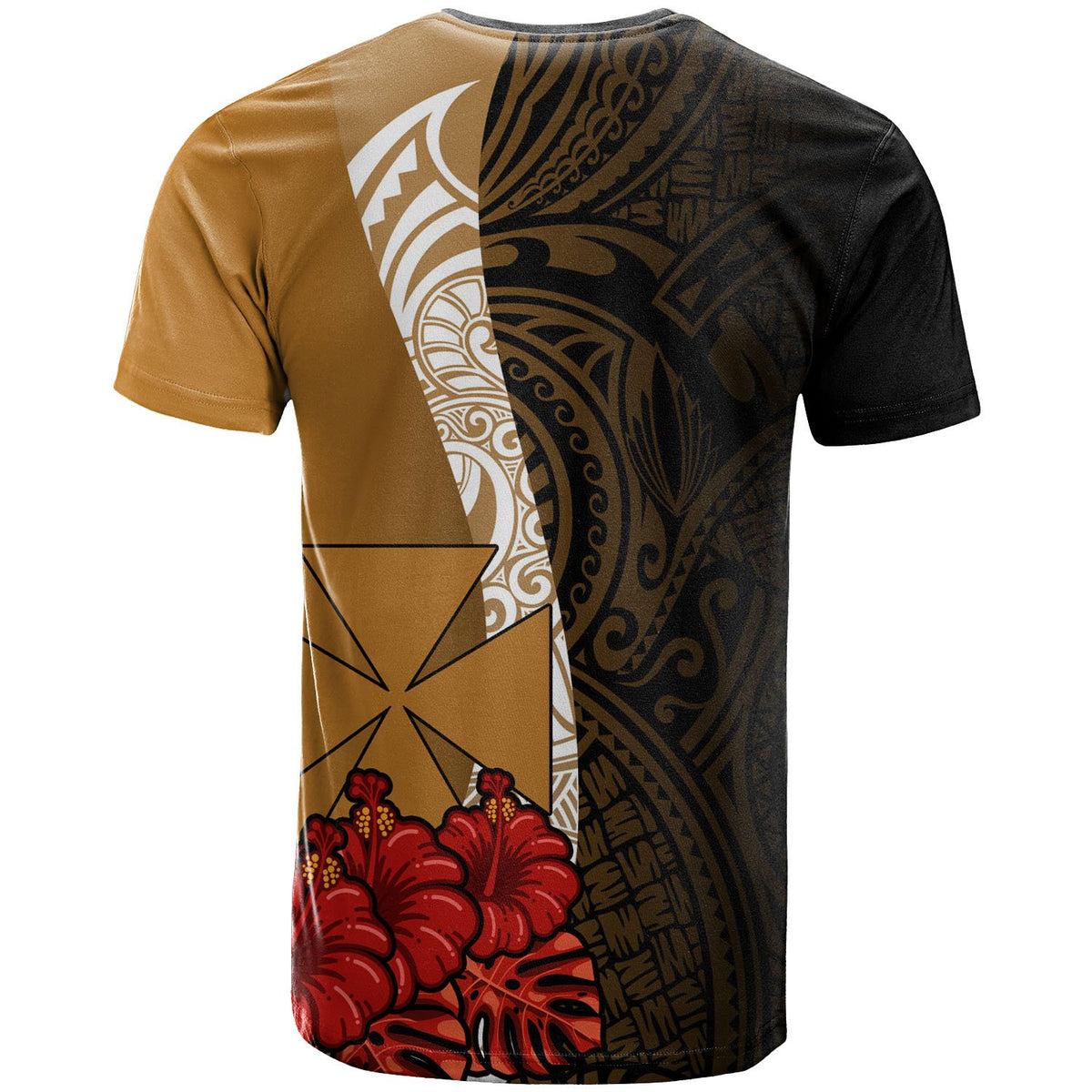 Wallis and Futuna Polynesian Custom T Shirt Coat of Arms With Hibiscus Gold - Polynesian Pride