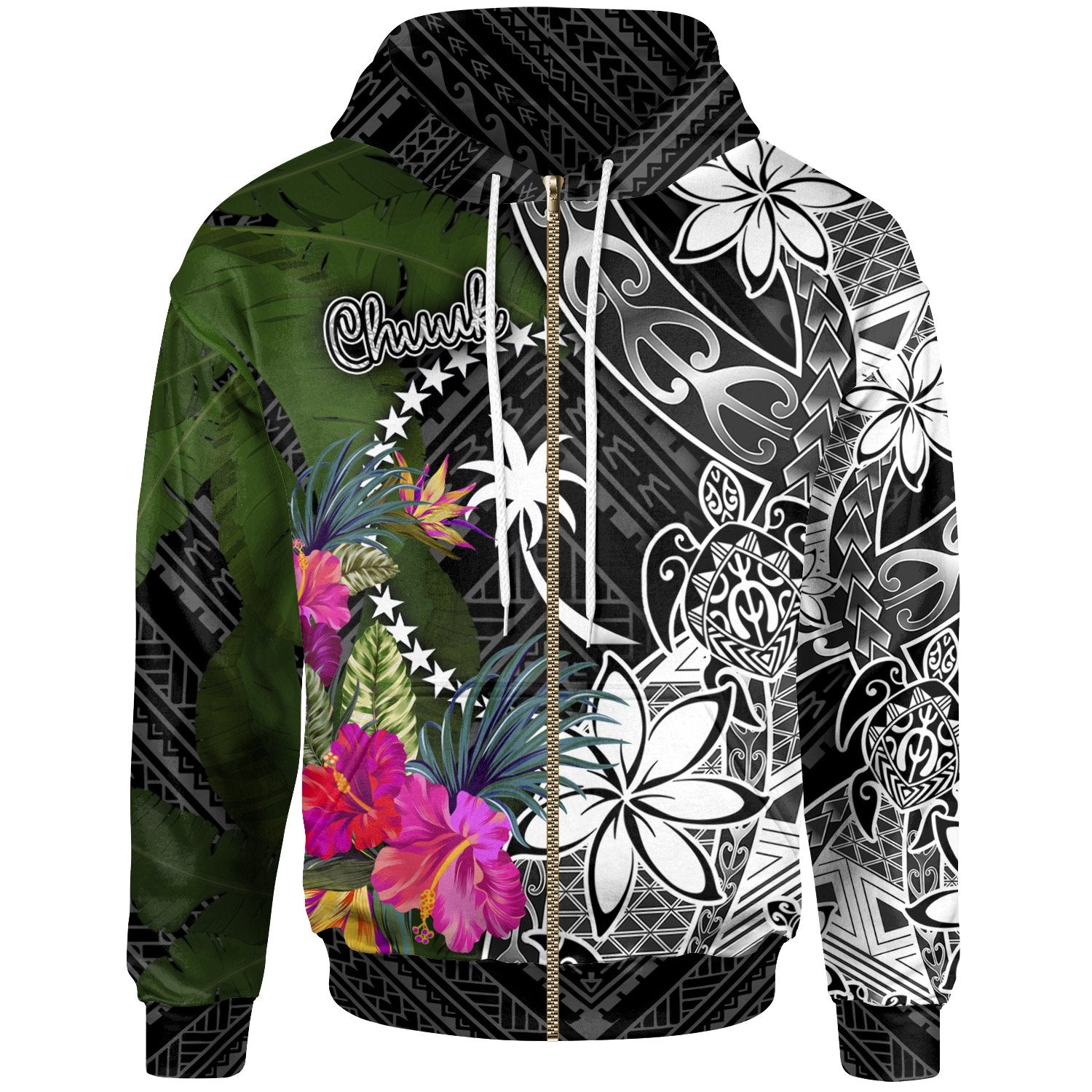 Chuuk Zip up Hoodie Turtle Plumeria Banana Leaf Unisex Black - Polynesian Pride