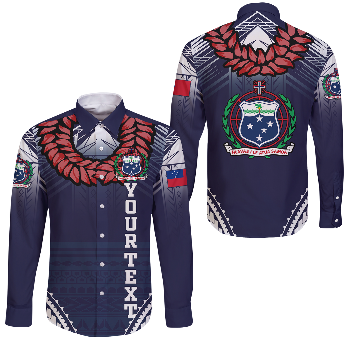 (Custom Personalised) Samoan Ula Fala Art Long Sleeve Button Shirt - LT12 Unisex Blue - Polynesian Pride