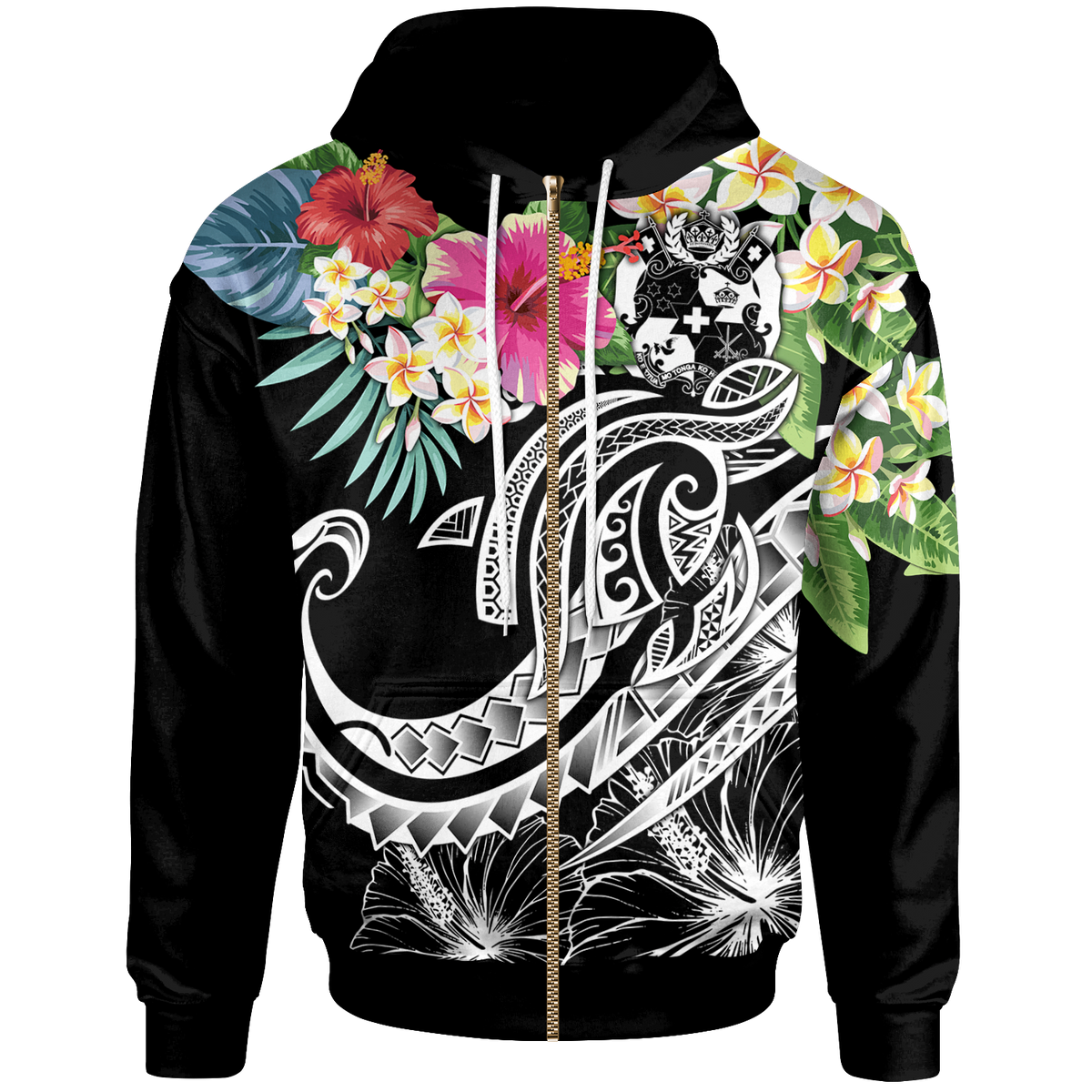 Tonga Polynesian Zip up Hoodie Summer Plumeria (Black) Unisex Black - Polynesian Pride