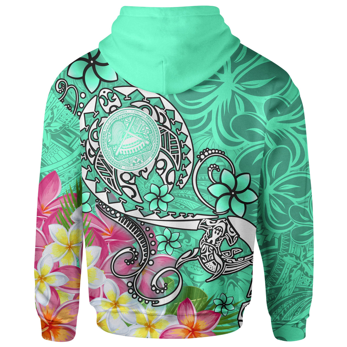 American Samoa Polynesian Zip up Hoodie Turtle Plumeria (Turquoise) - Polynesian Pride