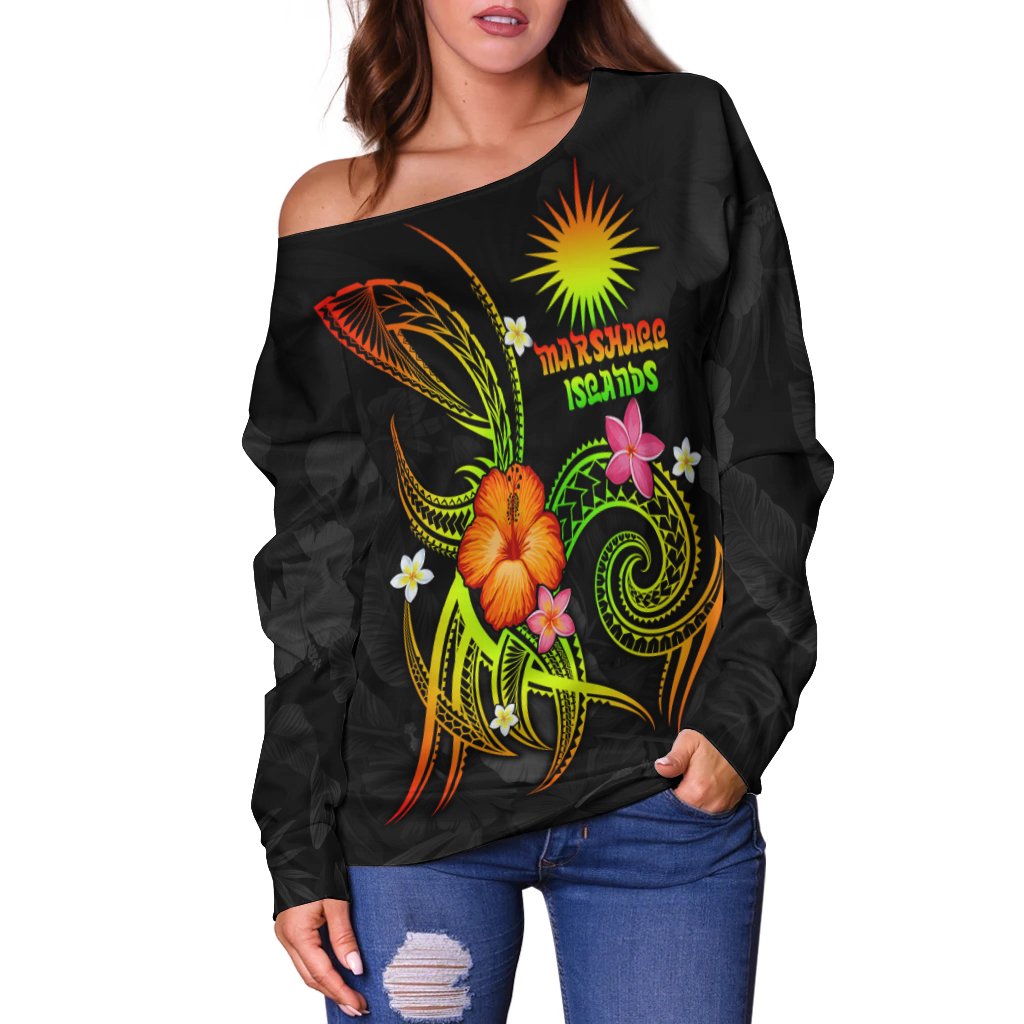 Marshall Islands Polynesian Women's Off Shoulder Sweater - Legend of Marshall Islands (Reggae) - Polynesian Pride