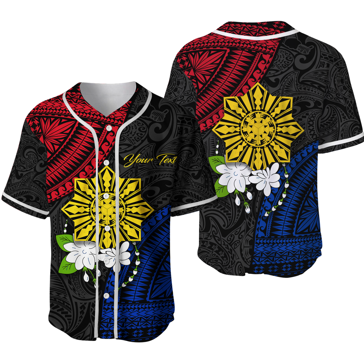 (Custom Personalised) Philippines Sampaguita Filipino Sun Baseball Jersey - LT12 Unisex Black - Polynesian Pride