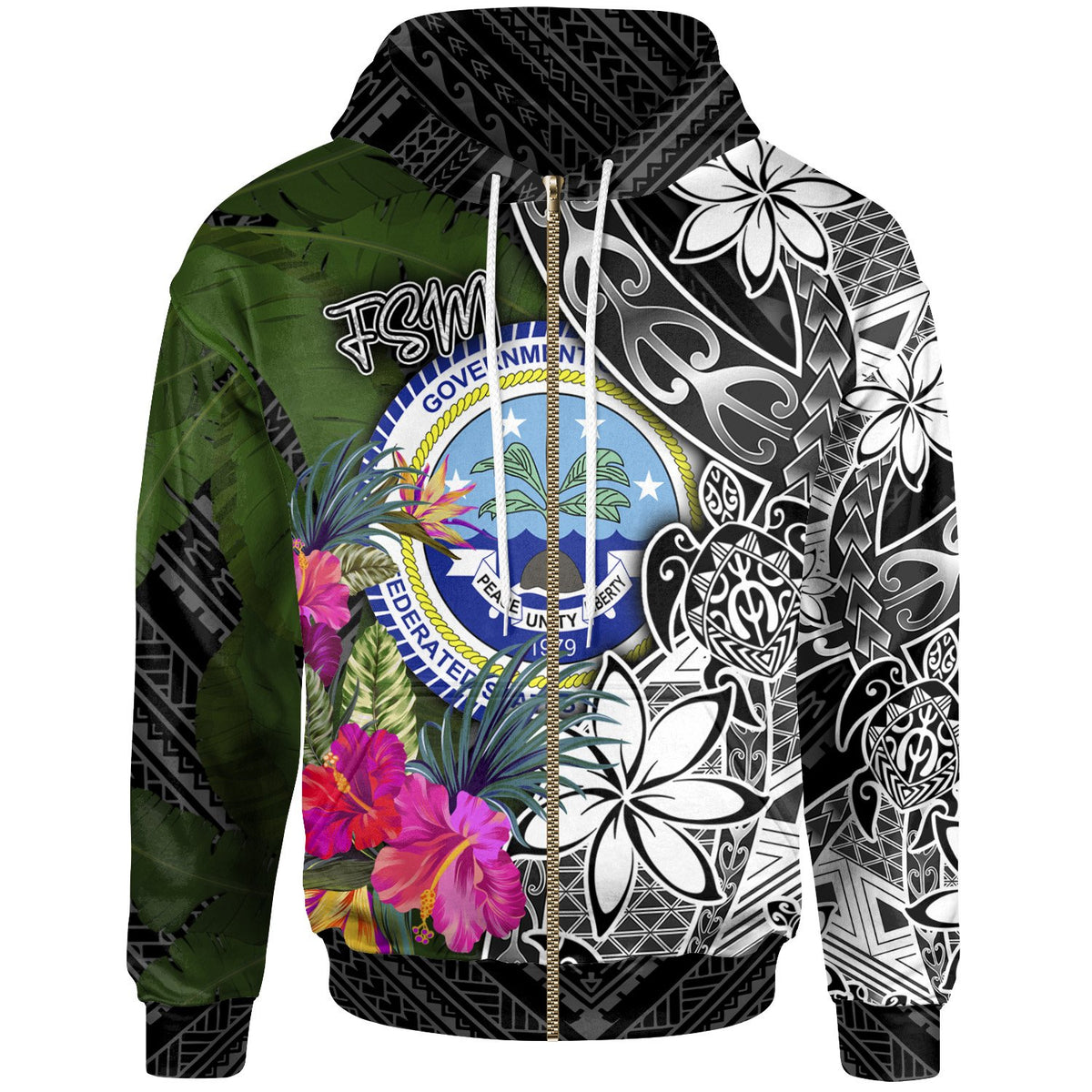 Federated States of Micronesia Zip up Hoodie Turtle Plumeria Banana Leaf Unisex Black - Polynesian Pride