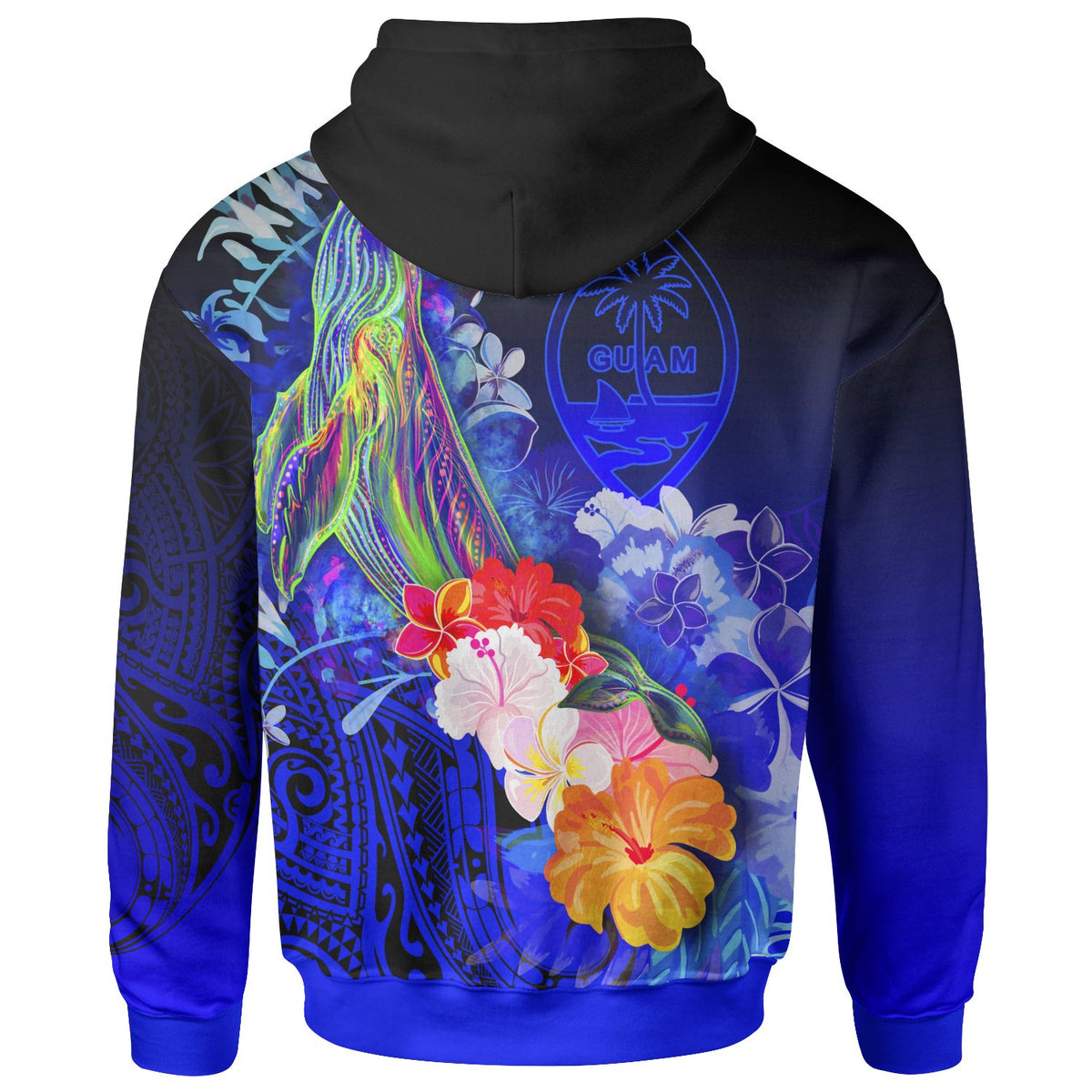 Guam Zip up Hoodie Humpback Whale with Tropical Flowers (Blue) - Polynesian Pride