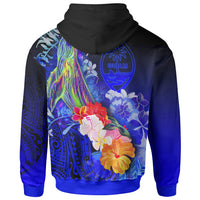 Guam Zip up Hoodie Humpback Whale with Tropical Flowers (Blue) - Polynesian Pride