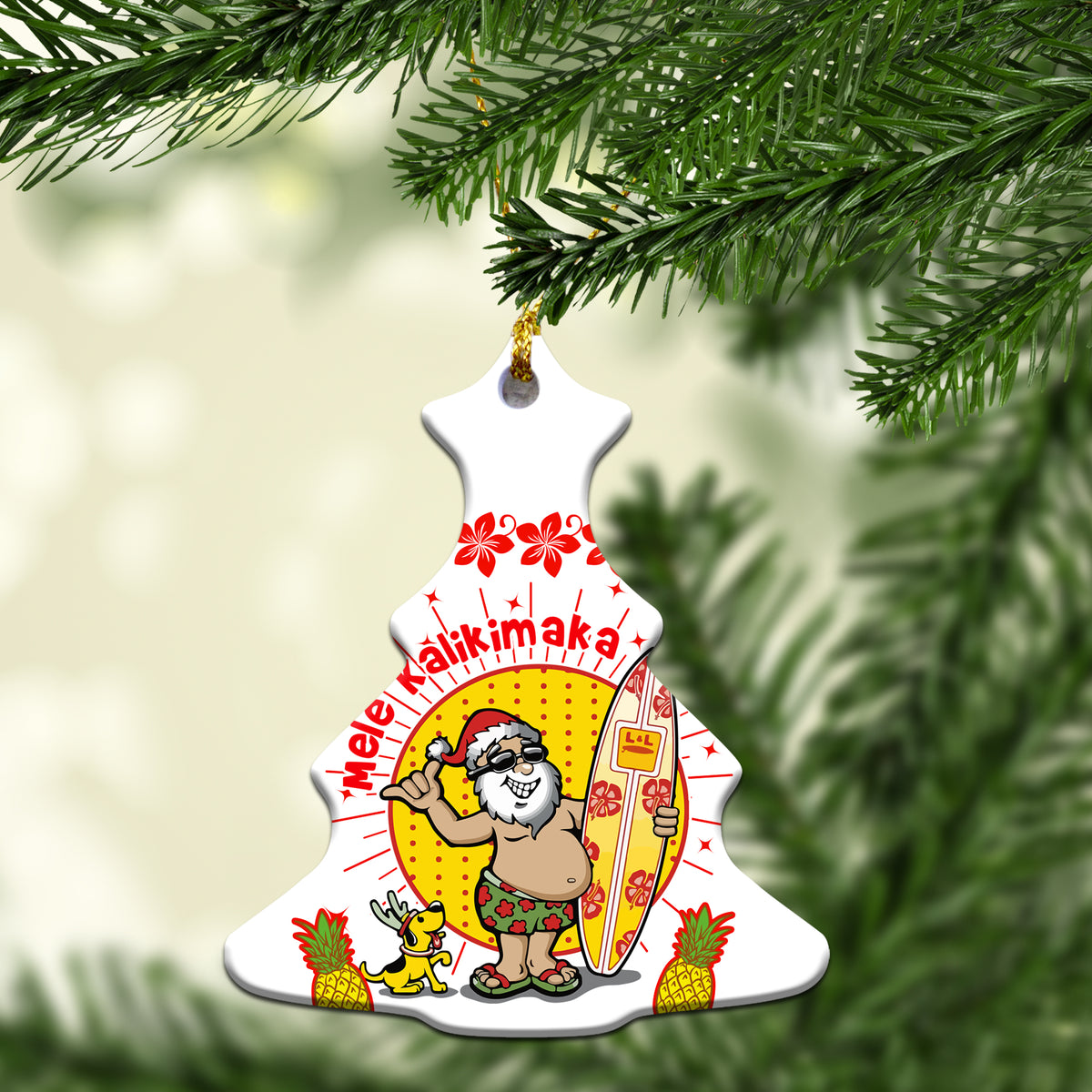 Hawaii Santa Claus Surfer White Christmas Ornament - LT12 - Polynesian Pride