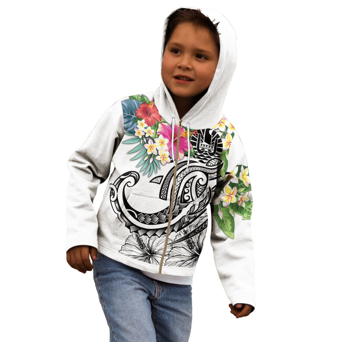 Tahiti Polynesian Zip up Hoodie Summer Plumeria (White) - Polynesian Pride