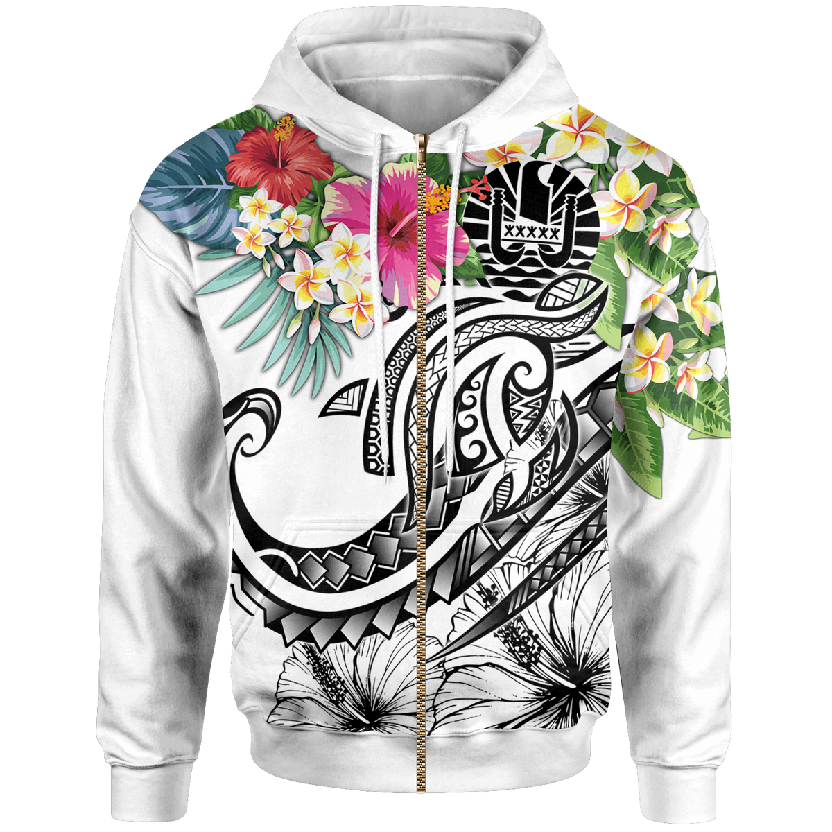 Tahiti Polynesian Zip up Hoodie Summer Plumeria (White) Unisex White - Polynesian Pride