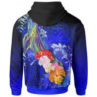 Samoa Zip up Hoodie Humpback Whale with Tropical Flowers (Blue) - Polynesian Pride