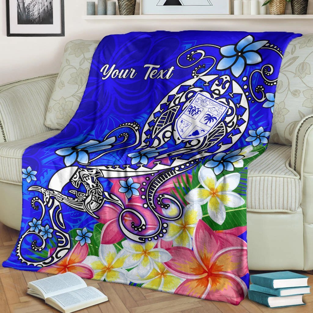 Fiji Custom Personalised Premium Blanket - Turtle Plumeria (Blue) White - Polynesian Pride