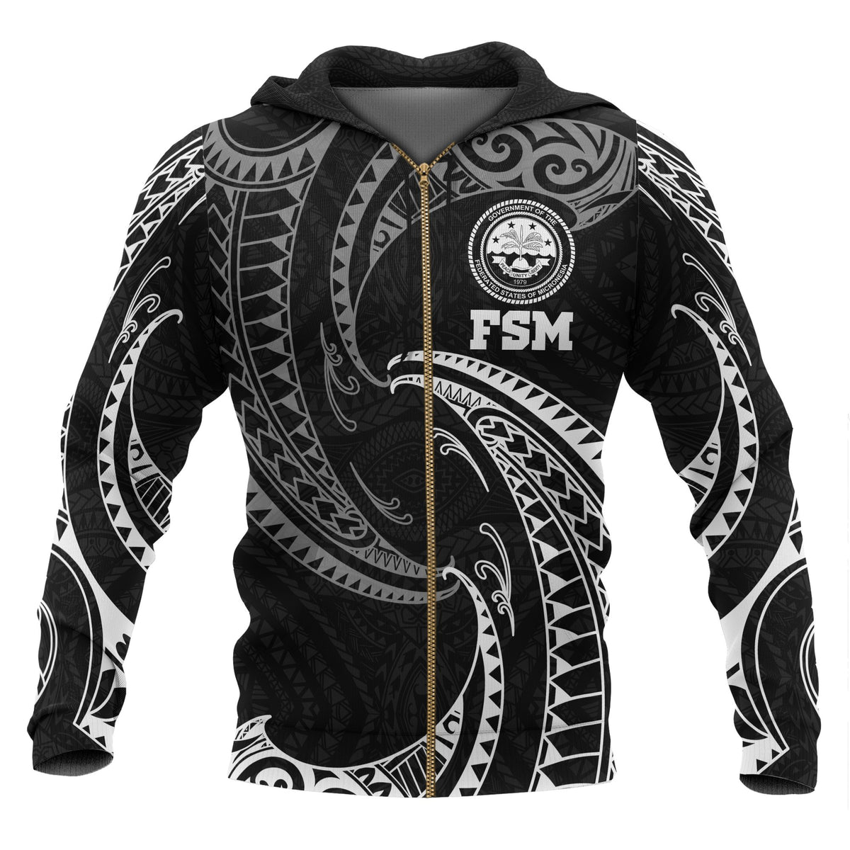 Federated States of Micronesia All Over Zip up Hoodie White Tribal Wave Unisex Black - Polynesian Pride