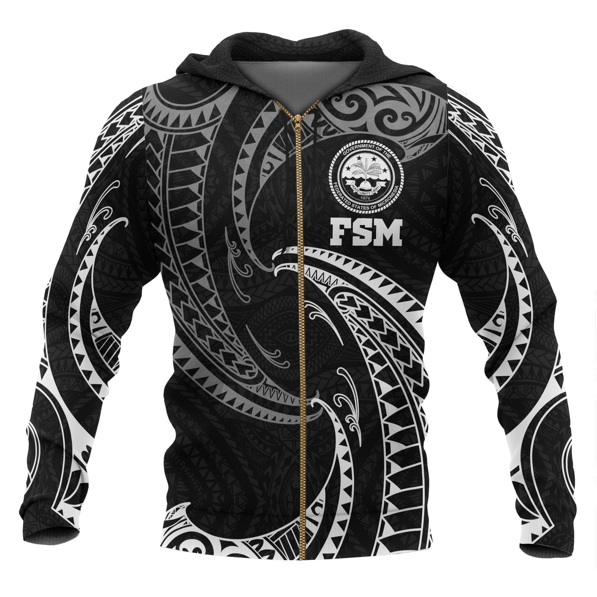 Federated States of Micronesia All Over Zip up Hoodie White Tribal Wave Unisex Black - Polynesian Pride