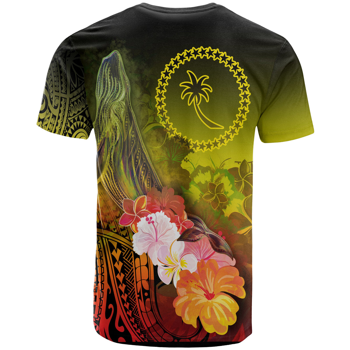 Chuuk T Shirt Humpback Whale with Tropical Flowers (Yellow) - Polynesian Pride