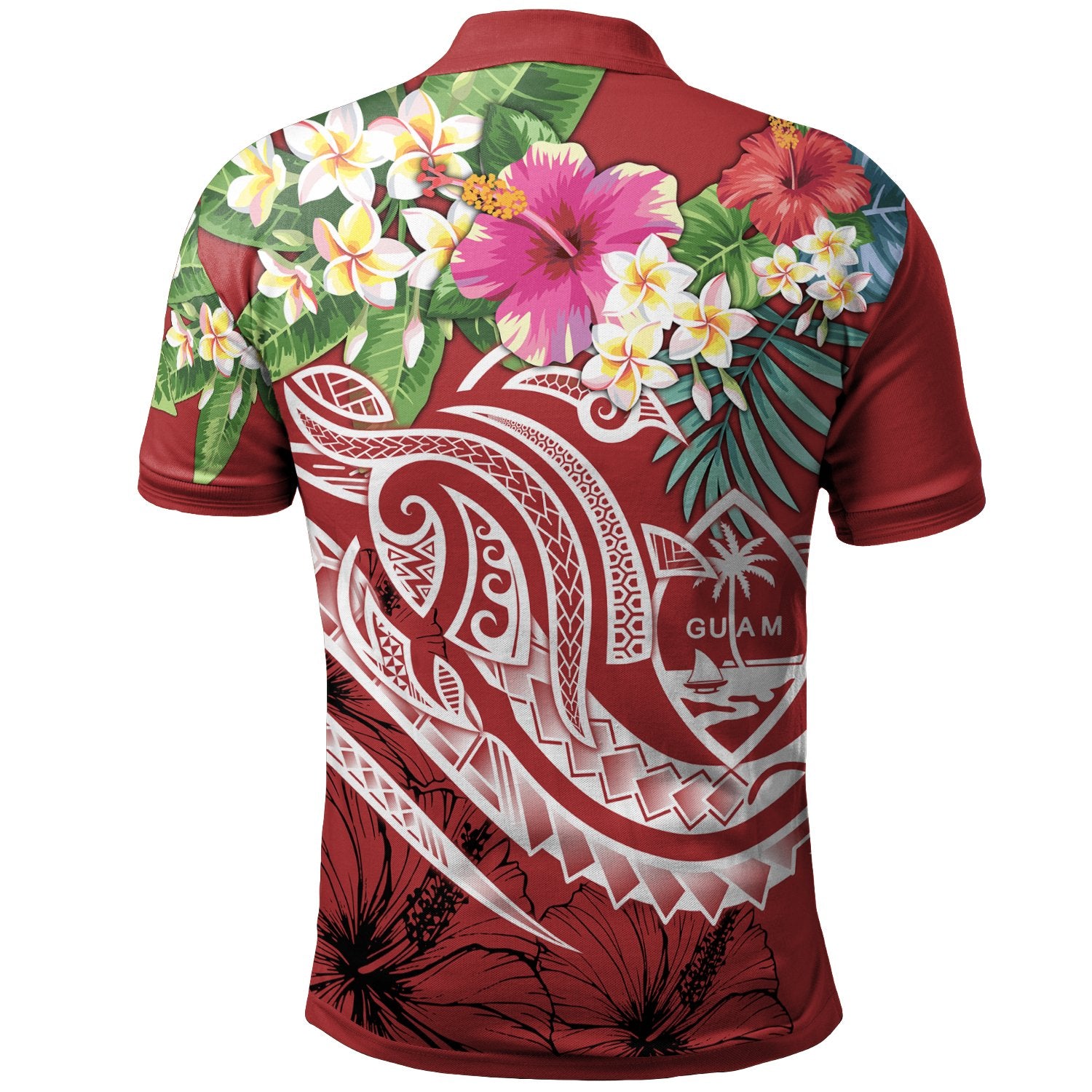 Guam Polynesian Polo Summer Plumeria (Black) Unisex Red - Polynesian Pride