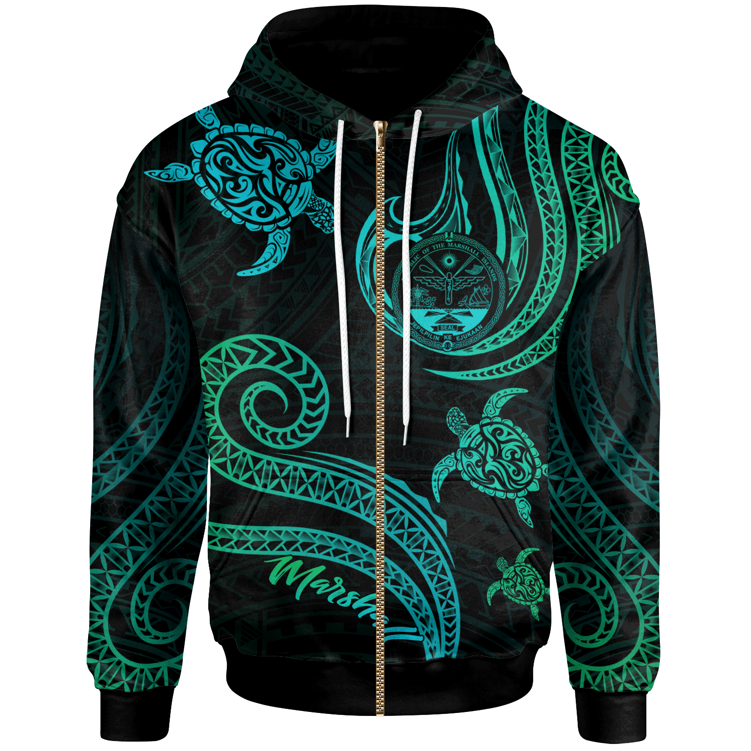 Marshall Islands Zip Hoodie Polynesian Turtle With Pattern Unisex Blue Green - Polynesian Pride