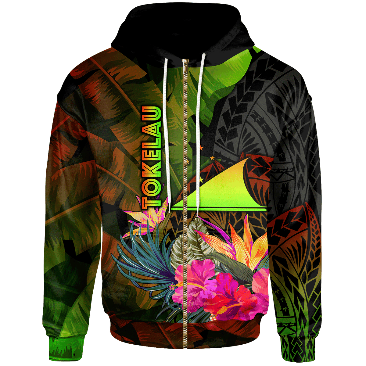 Tokelau Polynesian Custom Zip up Hoodie Hibiscus and Banana Leaves - Polynesian Pride