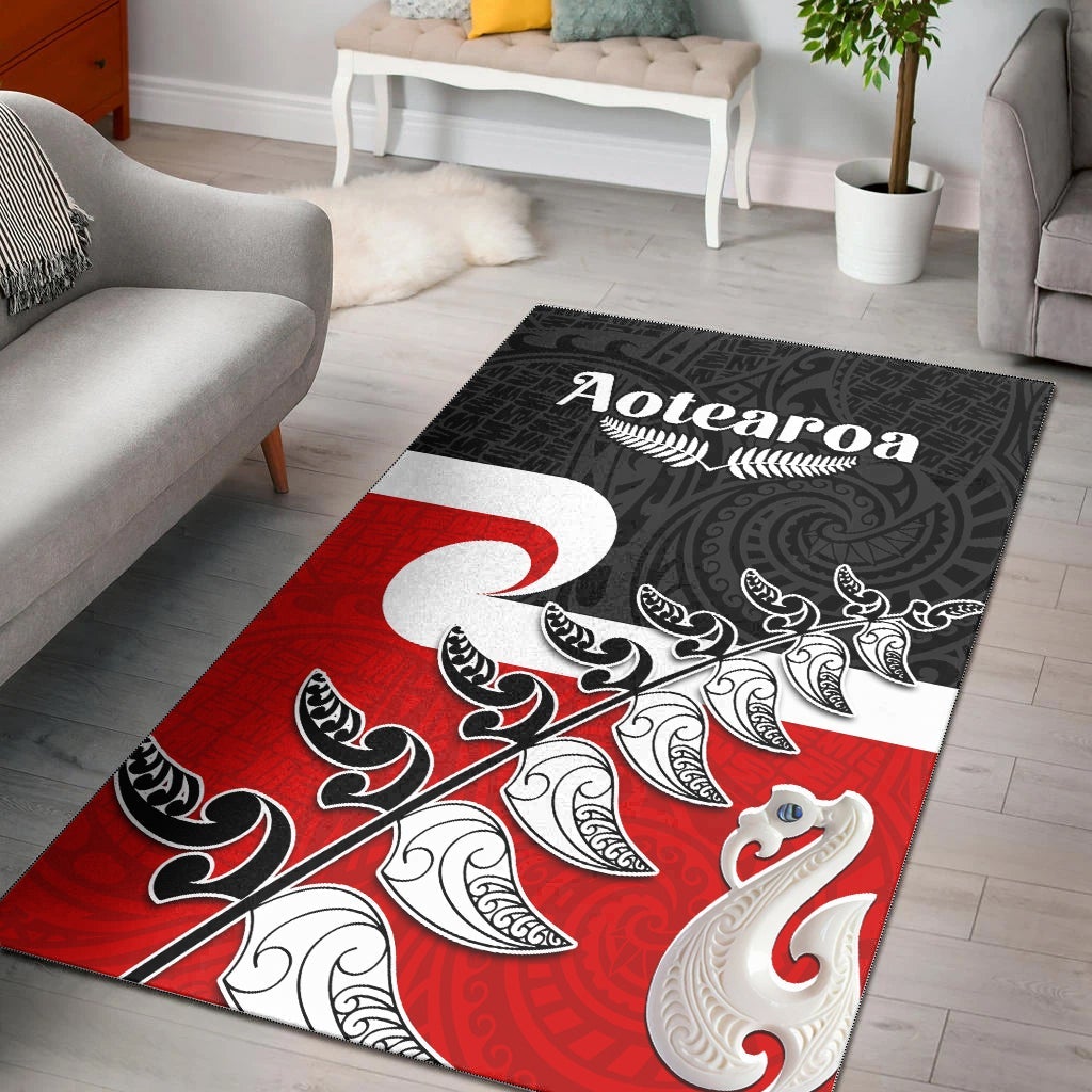 Waitangi New Zealand Area Rug Aotearoa Maori Pattern Mix Fern and Manaia Koru LT13 Black - Polynesian Pride