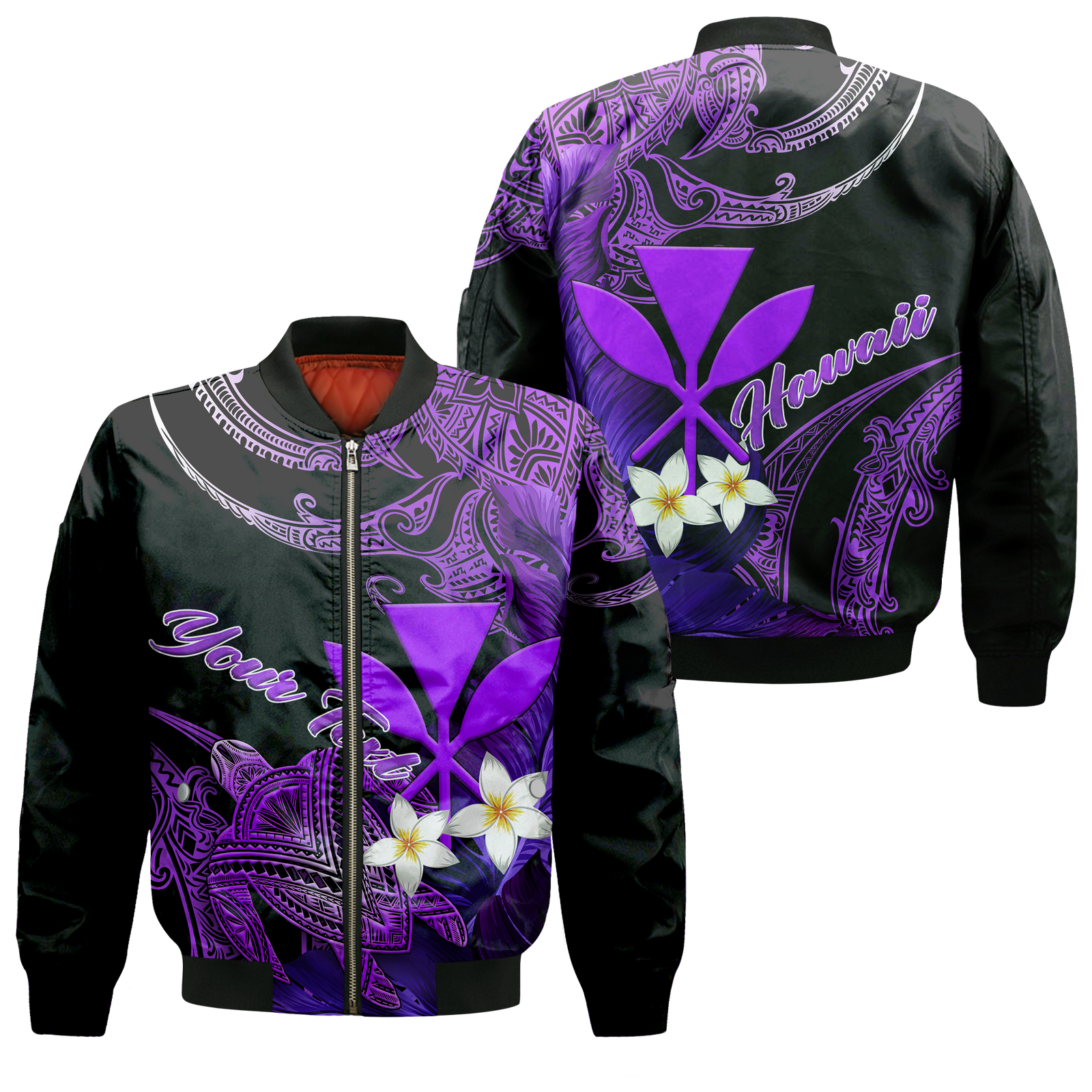 (Custom Personalised) Hawaii Turtle With Plumeria Leaf Purple Bomber Jacket - LT12 Bomber Jacket Black - Polynesian Pride