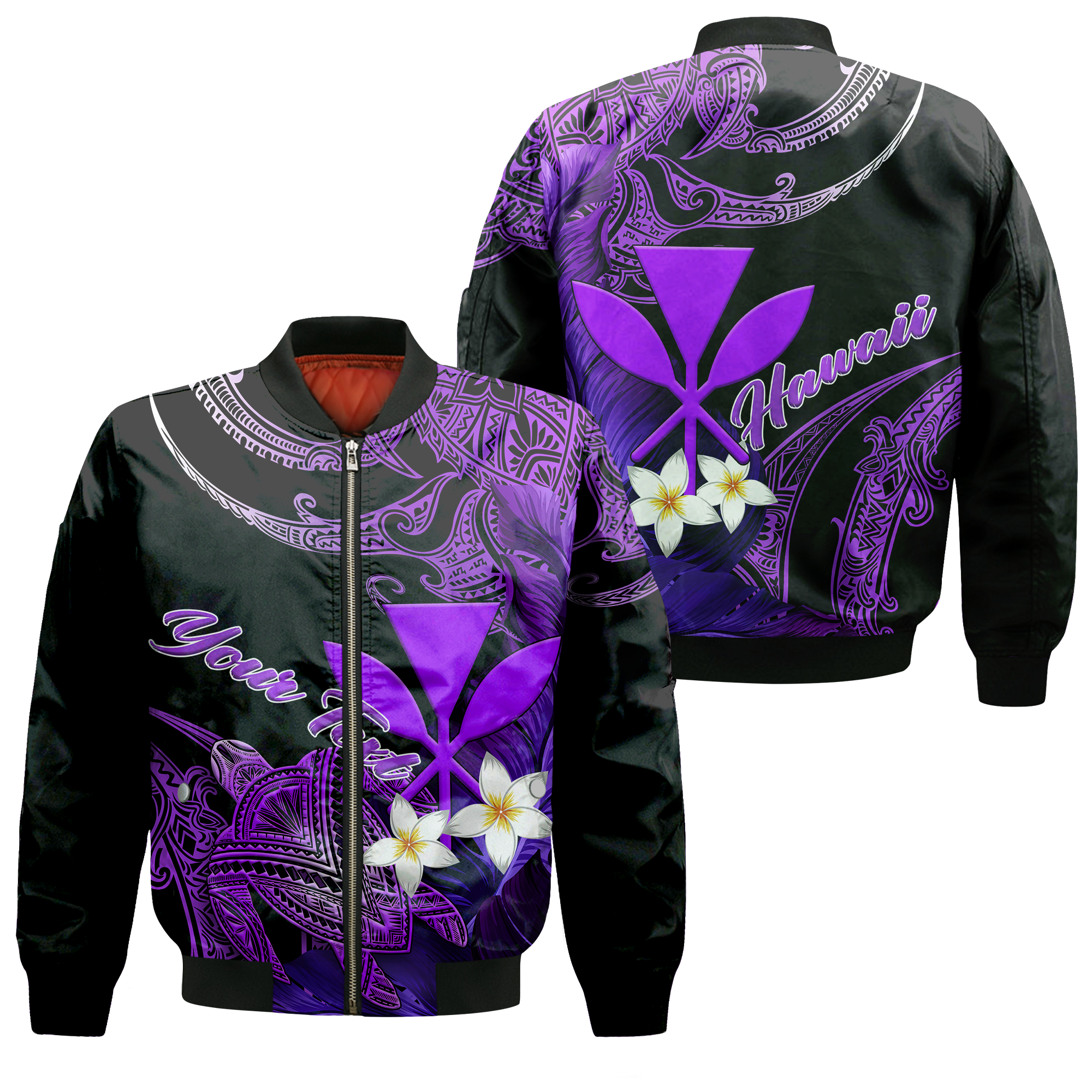 (Custom Personalised) Hawaii Turtle With Plumeria Leaf Purple Bomber Jacket - LT12 Bomber Jacket Black - Polynesian Pride