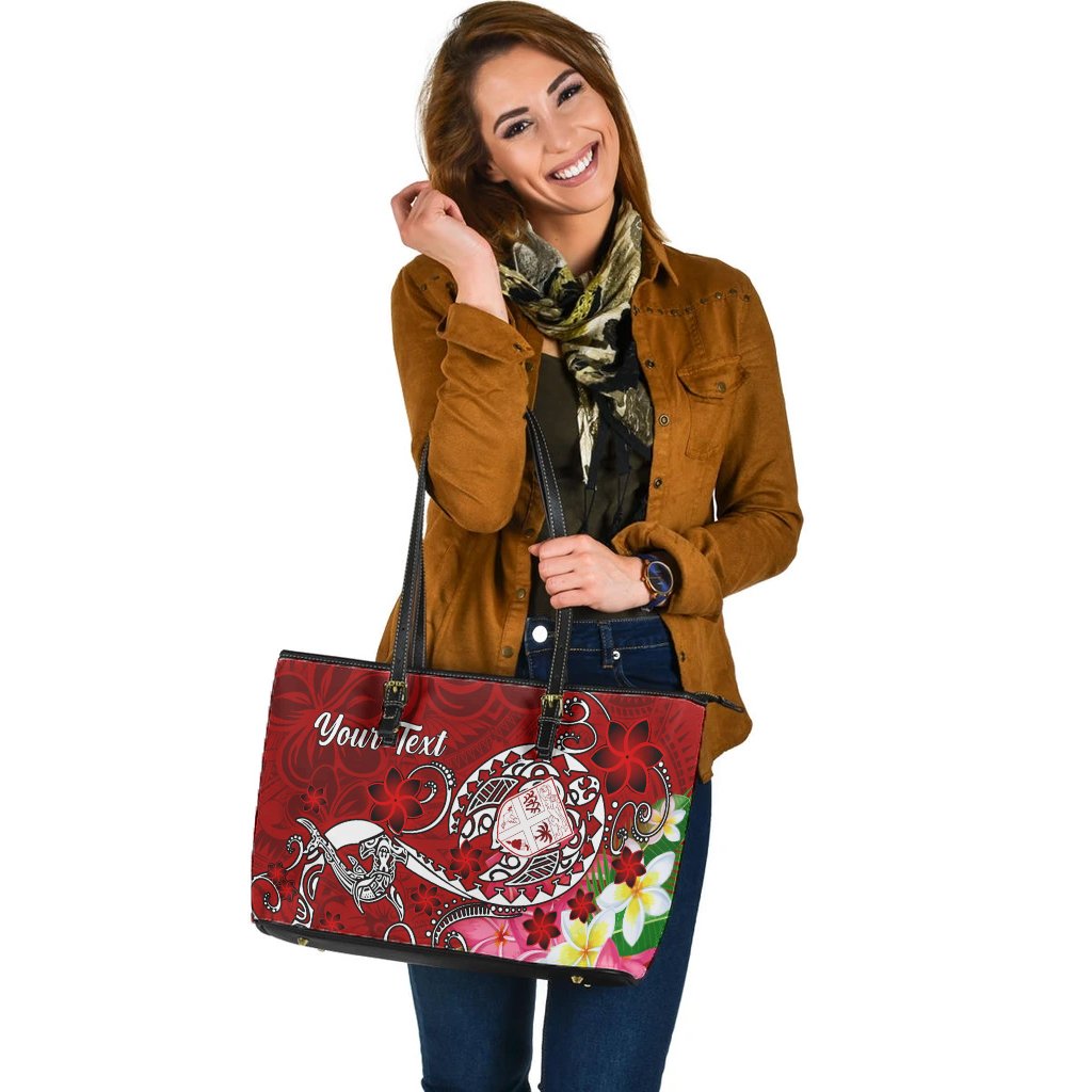 Fiji Custom Personalised Large Leather Tote Bag - Turtle Plumeria (Red) - Polynesian Pride