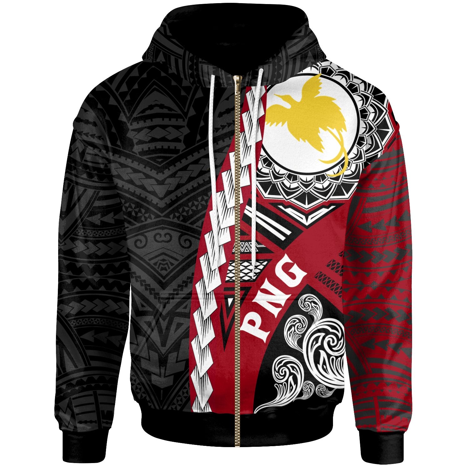 Papua New Guinea Polynesian Zip up Hoodie Wave Tattoo Unisex Black - Polynesian Pride