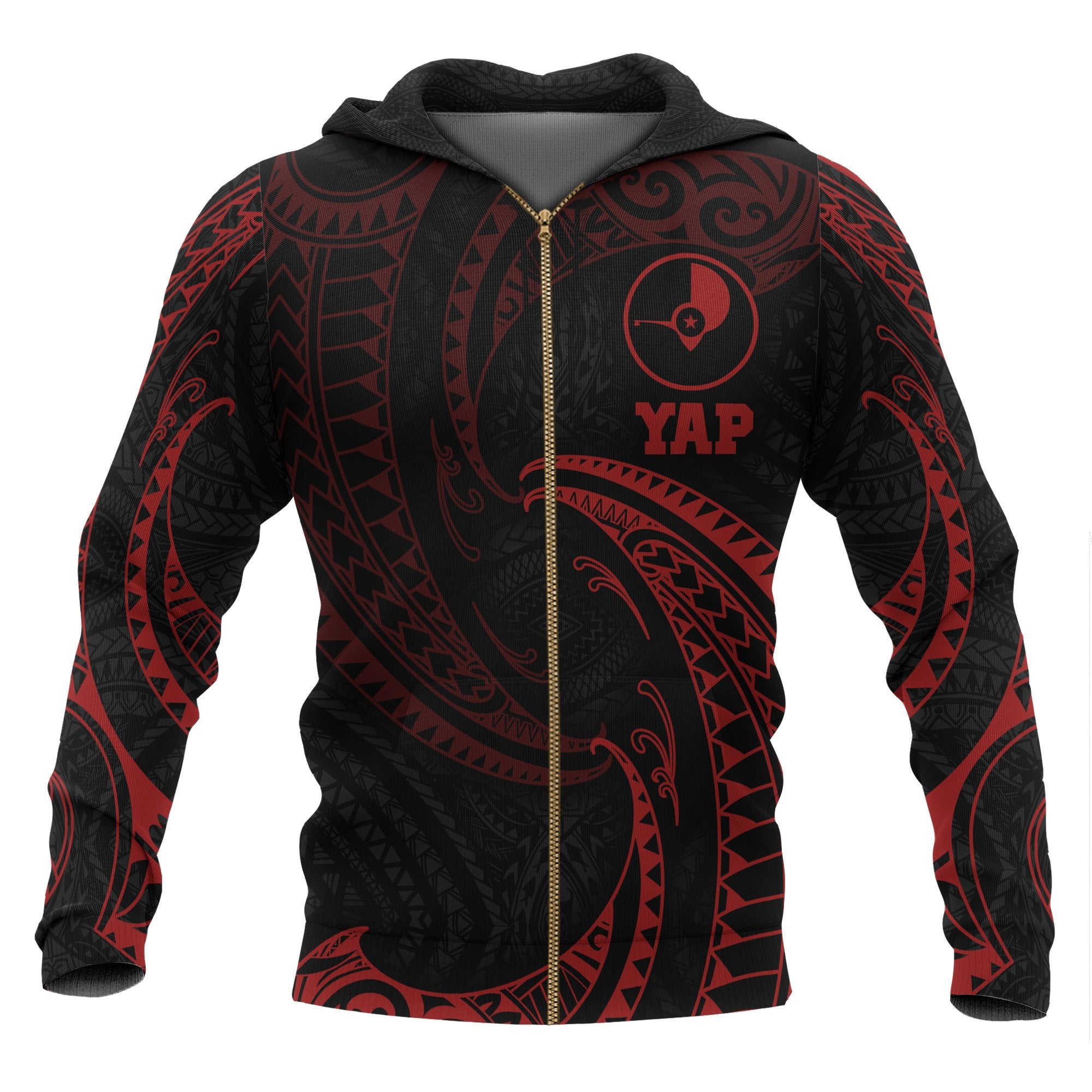 Yap Micronesia All Over Zip up Hoodie Red Tribal Wave Unisex Red - Polynesian Pride