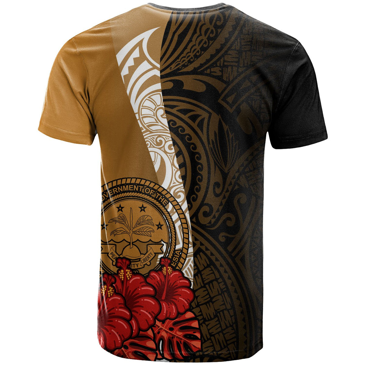 Federated States of Micronesia T Shirt Coat of Arms With Hibiscus Gold - Polynesian Pride
