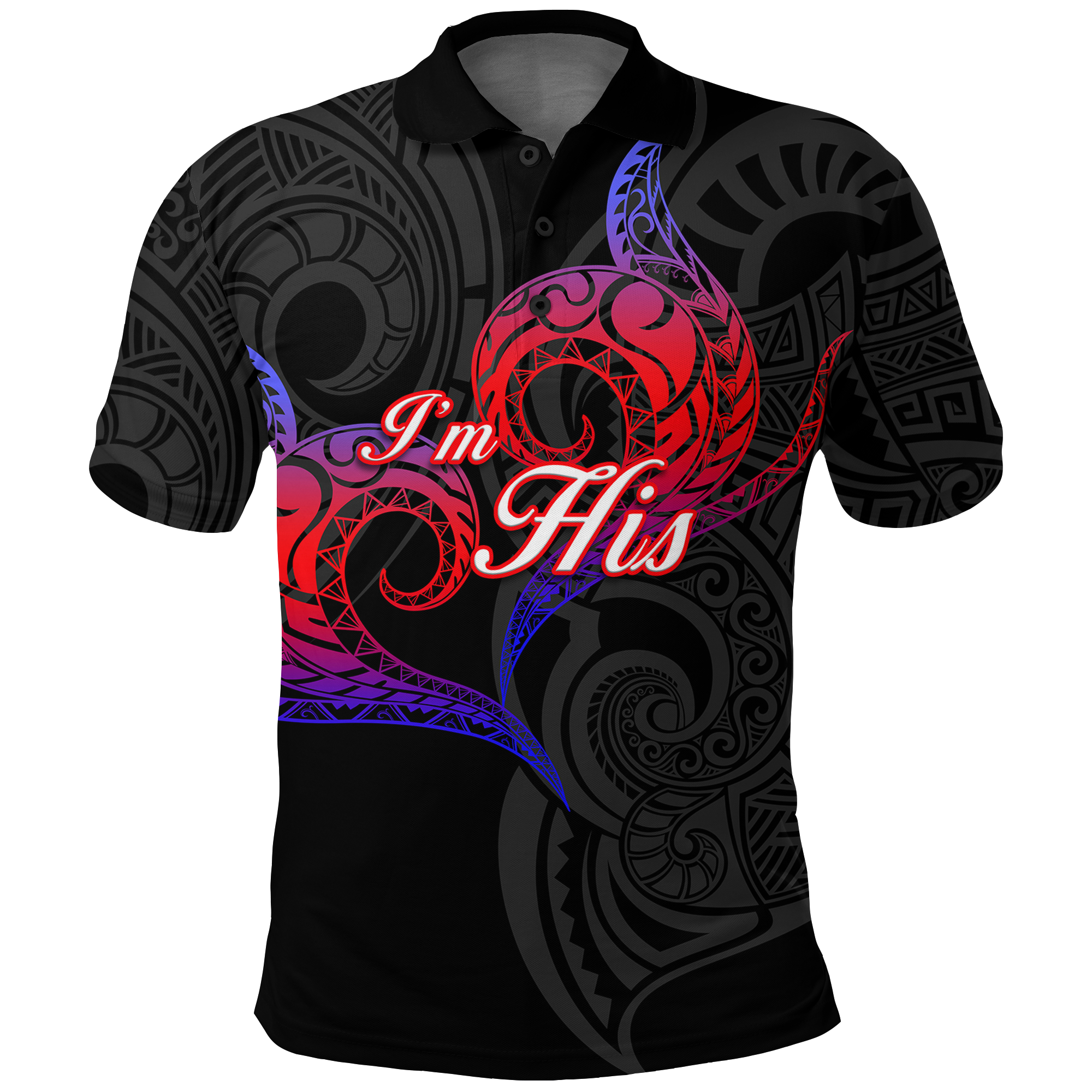 Valentine Day Guam Couple Im His Polo Shirt Heart Tribal LT12 Black - Polynesian Pride